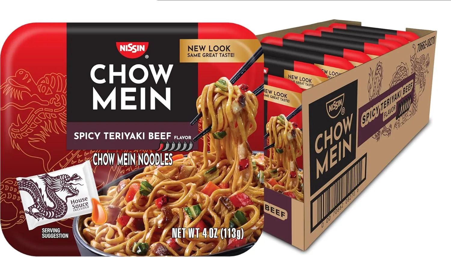 Nissin Chow Mein Noodles, Spicy Teriyaki Beef, 4 Ounce (Pack of 8)